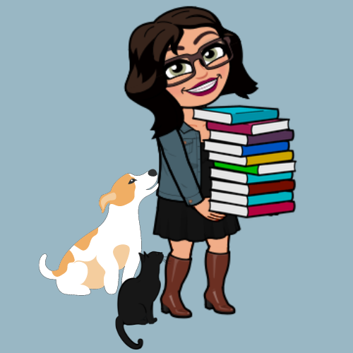 cartoon image of woman holding a stack of books with a cat and dog at her feet
